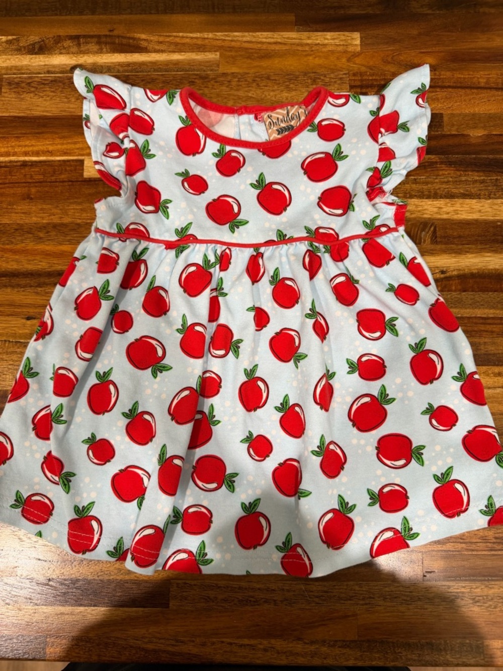 Girls Red Apple Print Flutter-Sleeve Dress